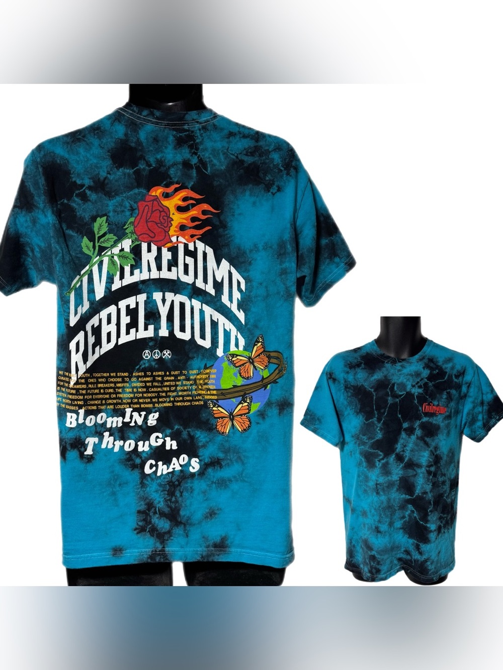 Civil Regime Rebel Youth Blooming Through Chaos Blue Black Tie-Dye T Shirt M